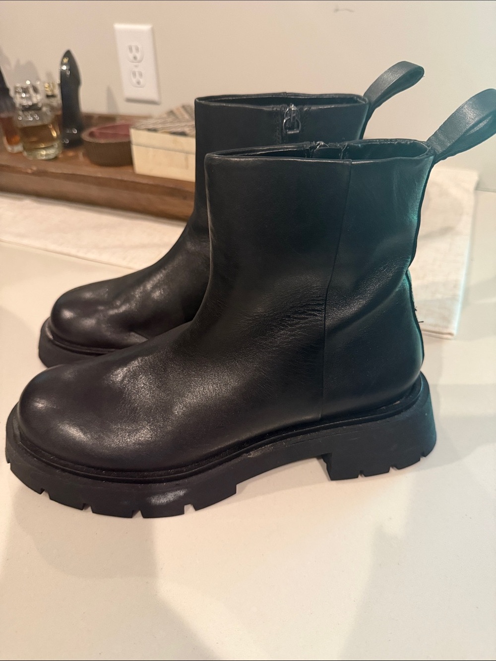 Zara Black Leather Lug-Sole Combat Boots
